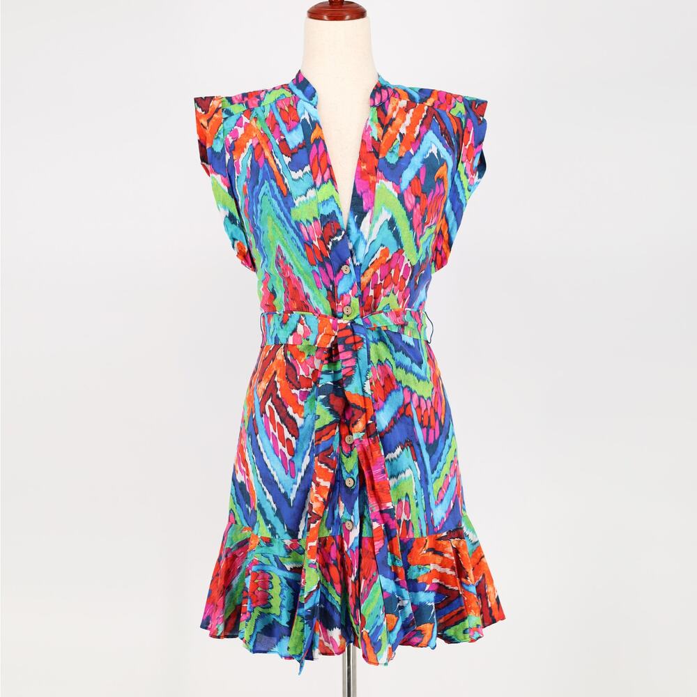 Willa Story Women Multi Watercolor Harper Button Front Mini Ruffle Dress Size XS